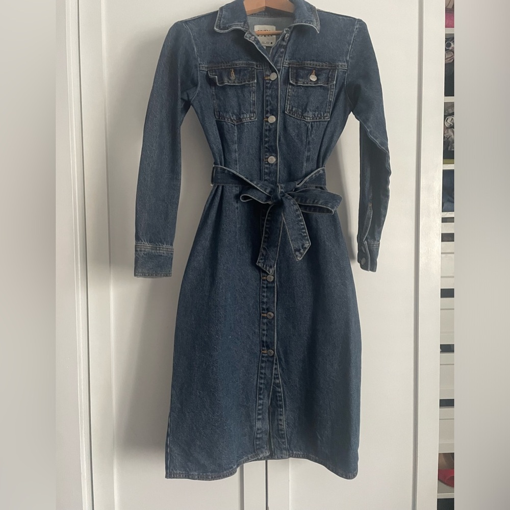 Zara Dark Blue Denim Long-Sleeve Shirt Dress with Tie Belt